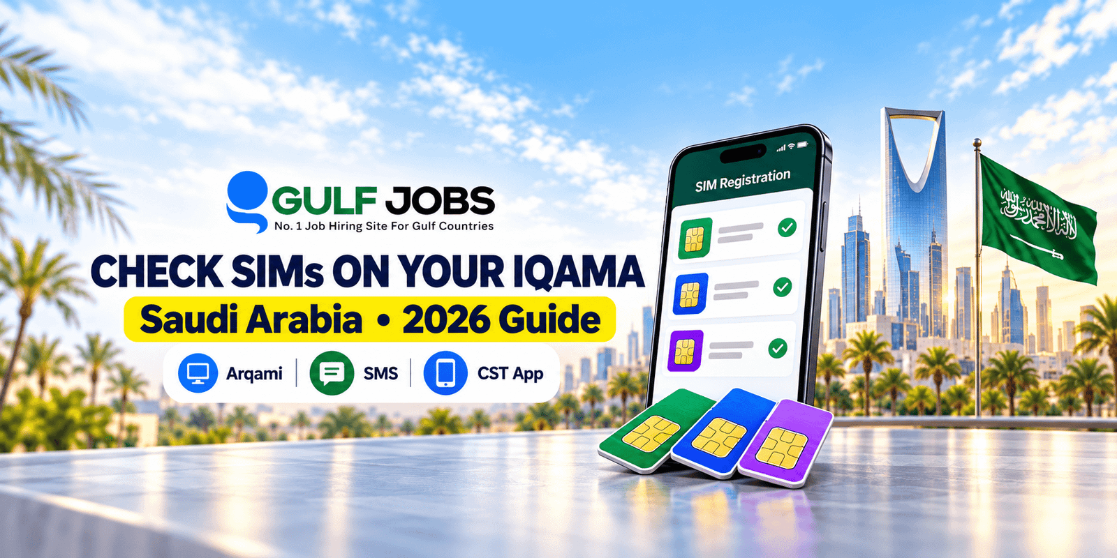 Gulf Jobs logo and guide to checking SIM cards registered on your Iqama in Saudi Arabia in 2026