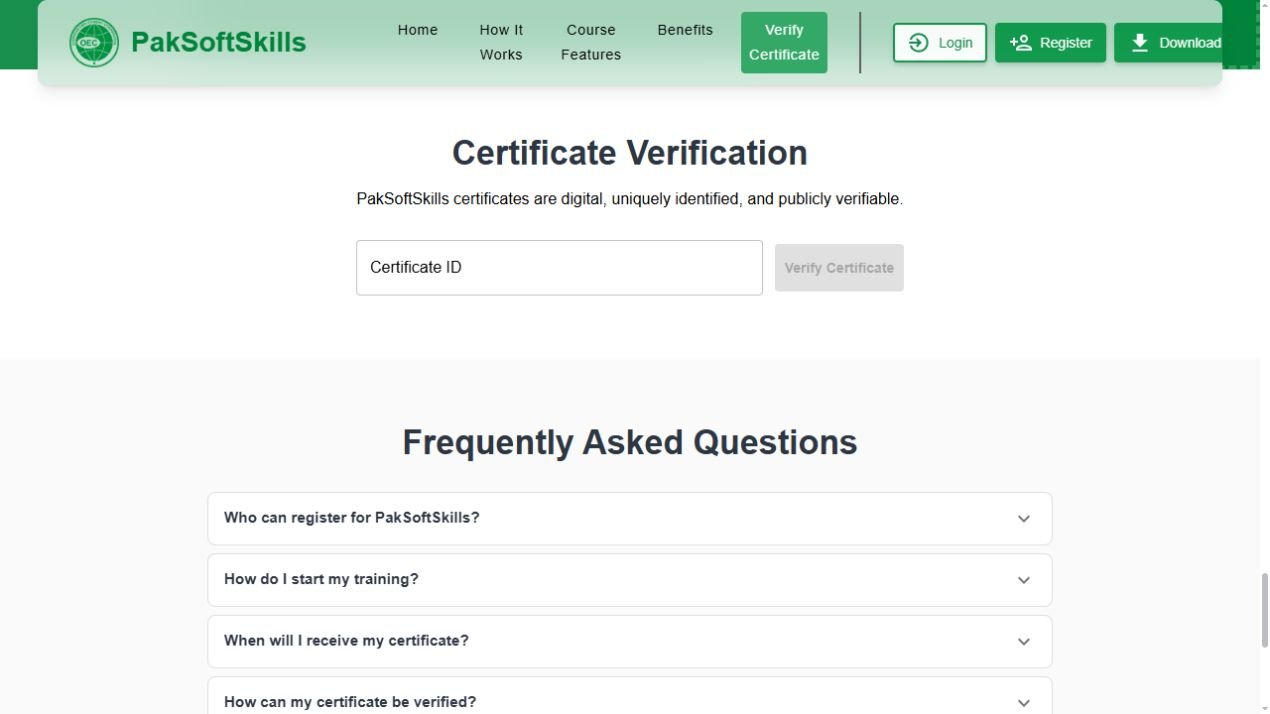 Official PakSoftSkills certificate verification section