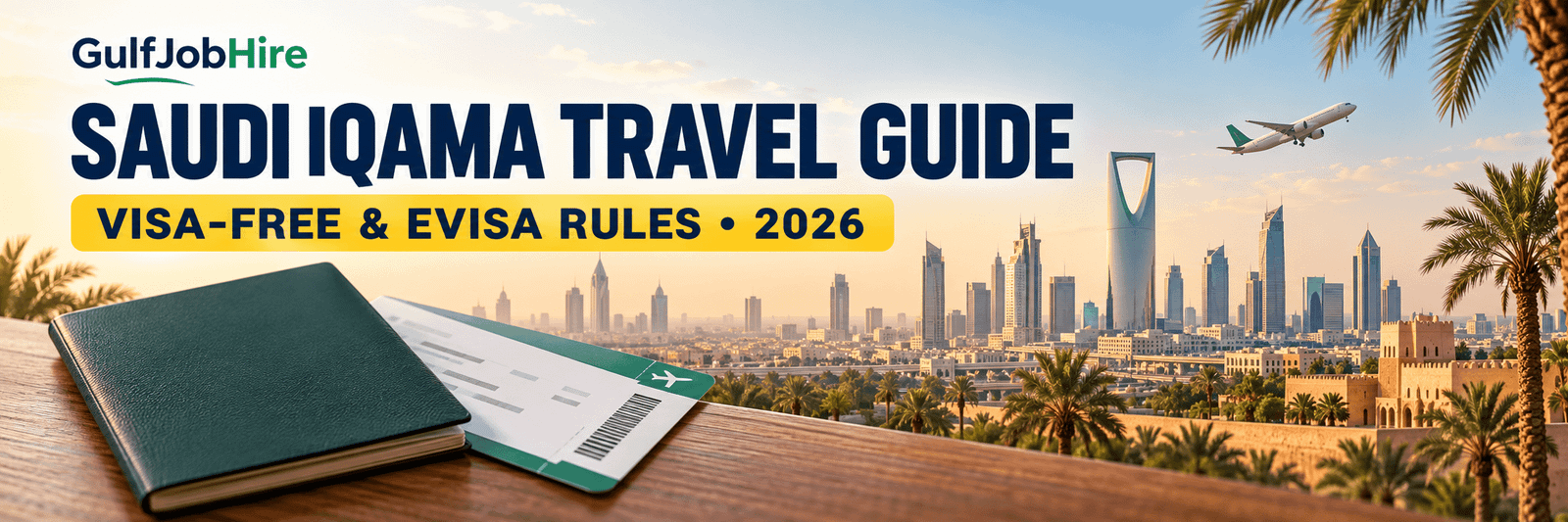 Saudi Iqama holders travel guide with passport, boarding pass and Riyadh skyline